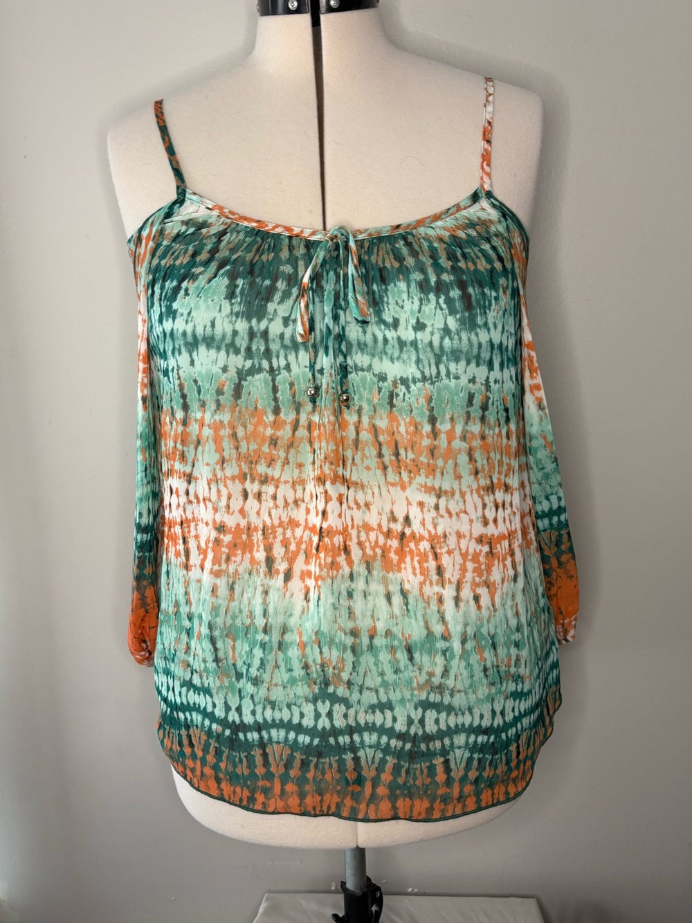 BCX Tie-Front Cold-Shoulder Camisole in Teal, Orange & White